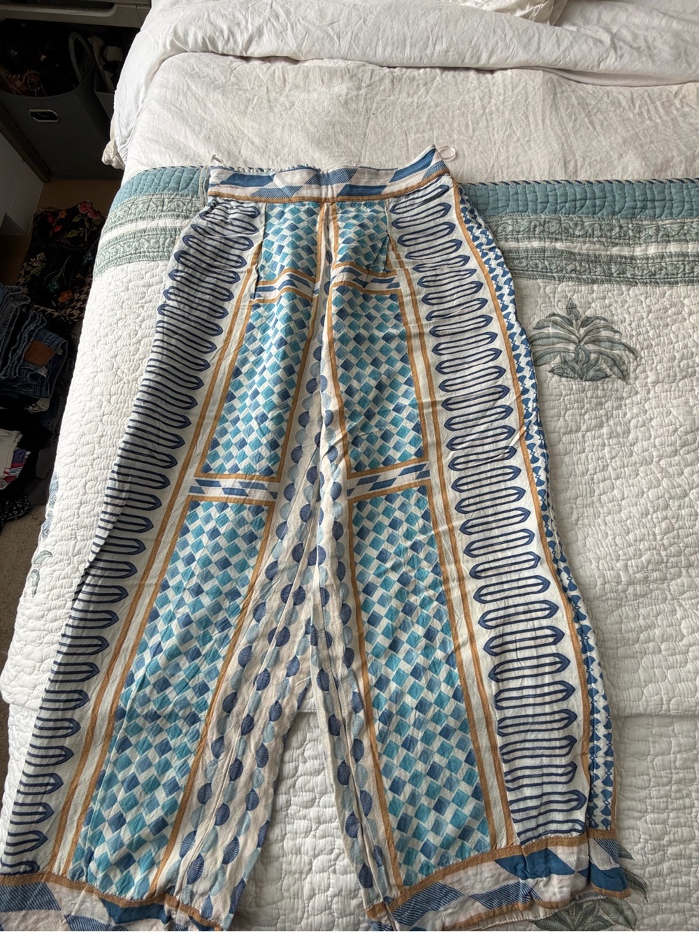 Ranna Gill Blue & Cream Geometric Wide-Leg Pants